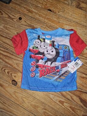Thomas & Friends 'Race the Rails' Kids Tee - Blue & Red Vintage 90s Rare Nwt